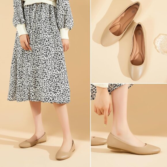 Women's Nude PU Leather Closed Toe Slip on Comfortable Ballet Flats Shoes - Picture 7 of 9